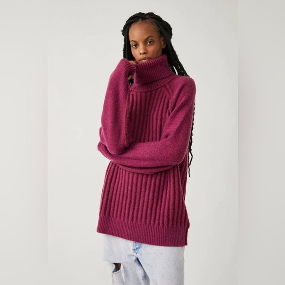 NWT FREE PEOPLE Big City Turtleneck Sweater | Mulberry Garnet Combo MSRP $168 - Picture 3 of 14